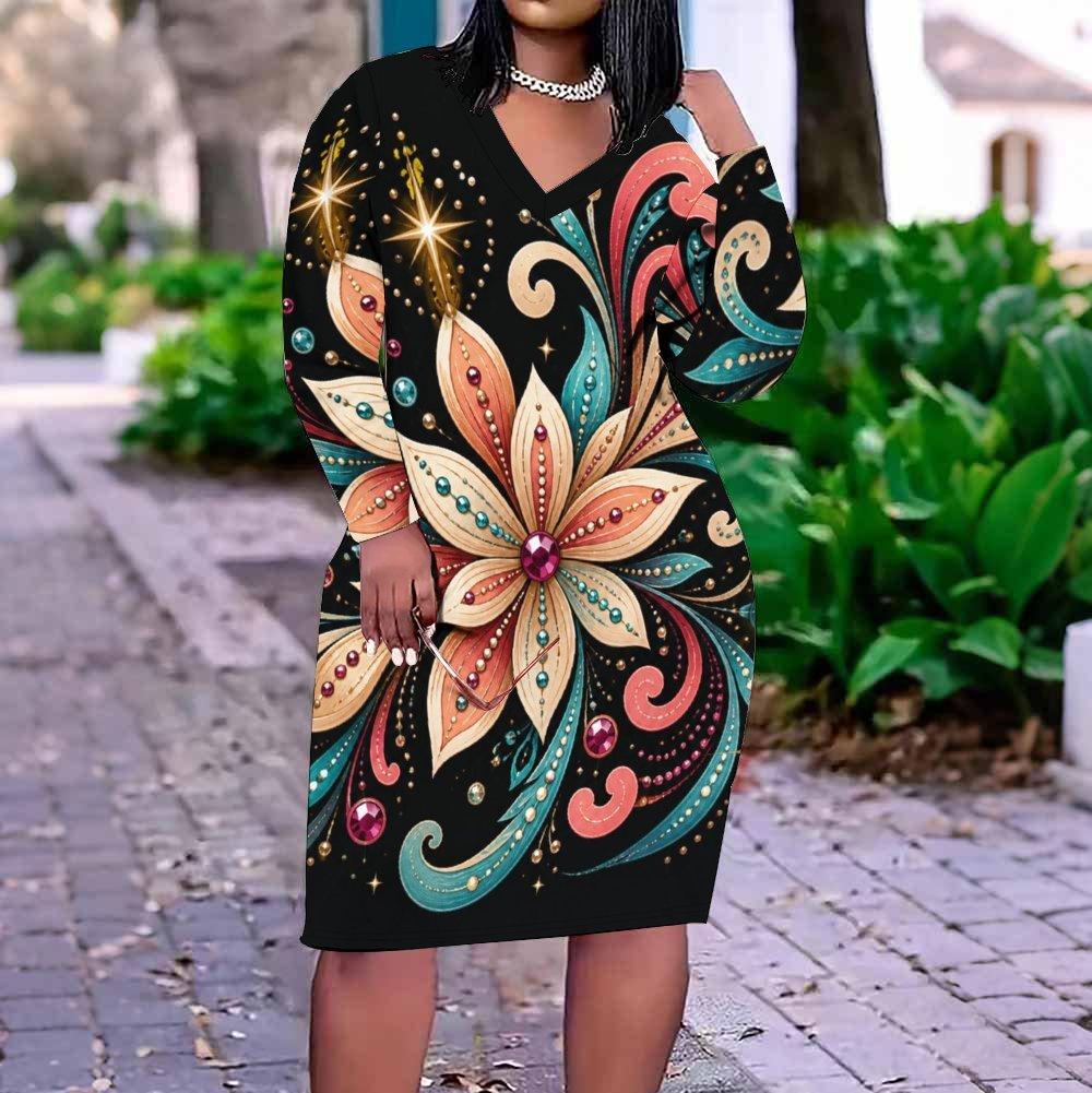 Women s Plus Size V Neck Long Sleeve Printed White Beige Fitted Midi Dress