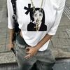 Retro Black and White Portrait Black Bow Printed T-shirt for Women Y2K Summer New Unisex Casual Top