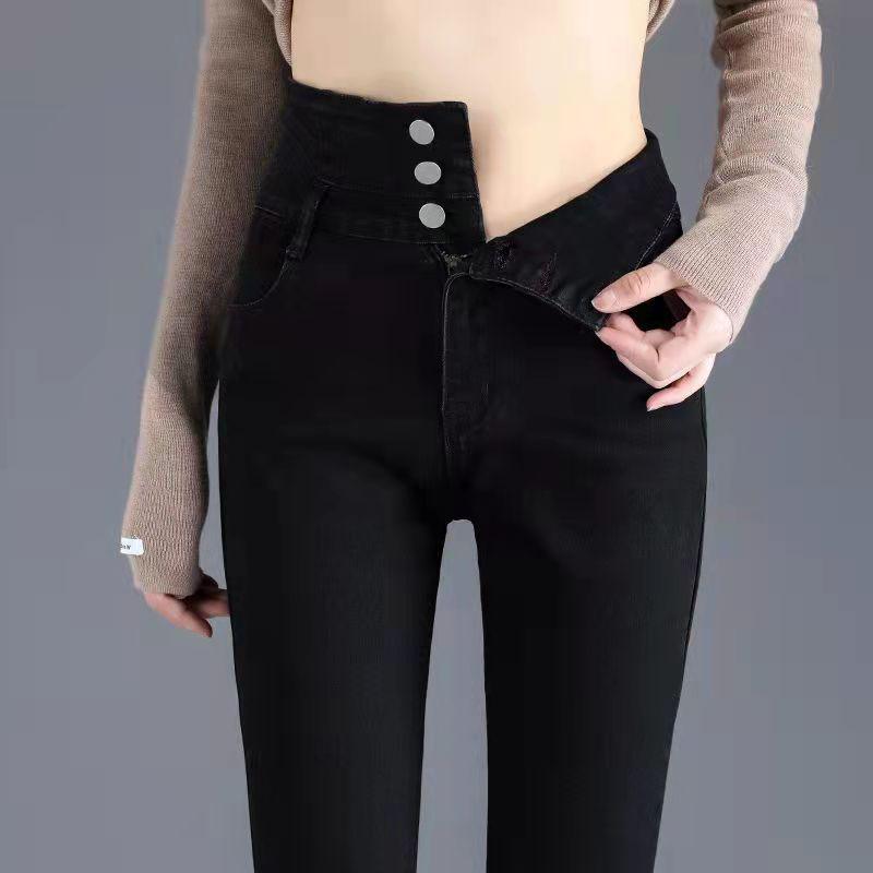 

Women s Black High-Waisted Velvet Skinny Jeans - Slimming & Stretchy, Thickened for 2025 Autumn/Winter 28