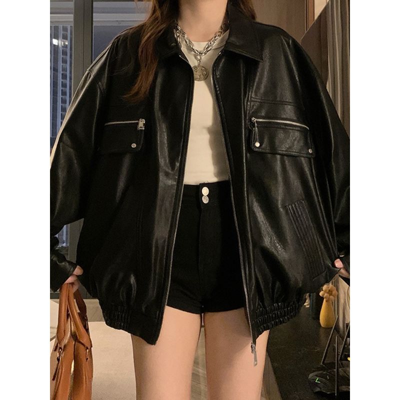 Kumikumi Design Sense Black PU Leather Lapel Long sleeve Outerwear Women Autumn Elegant All-Match Overfit jacket Top