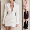 Nuovo arrivo: Vestito da donna corto, aderente, che abbraccia i fianchi, con colletto stile tailleur, scollo a V profondo e maniche lunghe