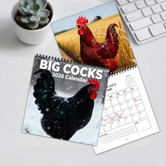 2026 Lustiger Hahn Kalender Große Hahn Wortspiele Monatlicher Wandkalender mit Humorvollen Geflügelfotos Dickes Papier Drahtbindung Büro Streiche Geschenk
