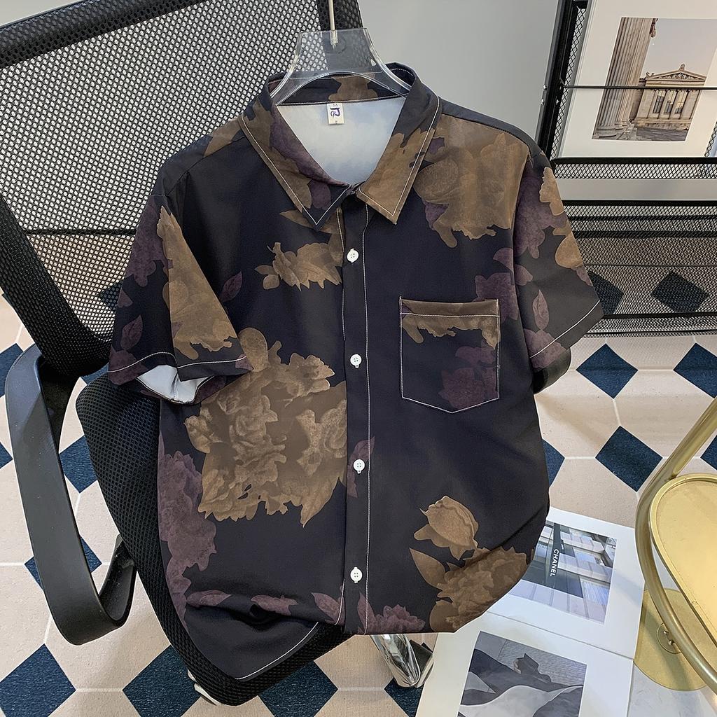 Summer Flower Full Printed Short Sleeve Printed Shirt Men's Seaside High-Grade Thin Casual Seaside Holiday Shirt Half Sleeve Top