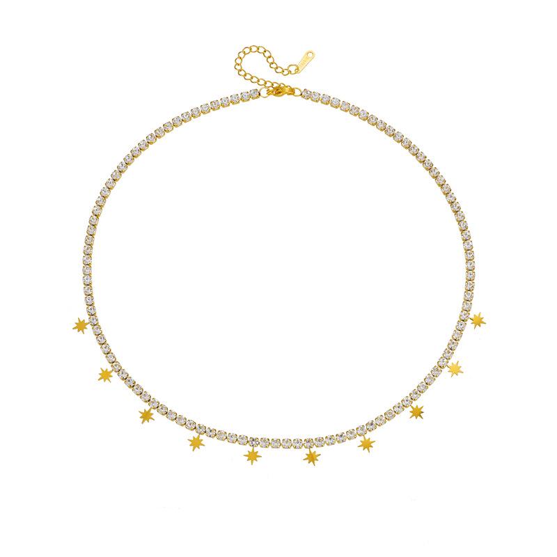 Gold Plated CZ Tennis Chain Star Pendant Necklace, Stainless Steel Dainty Y2K Choker, Waterproof Sparkly Jewelry for Women Gift
