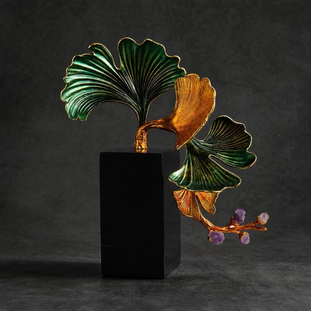 Ginkgo Leaf Sculpture Freestanding Metal with Stone Base Metalized
