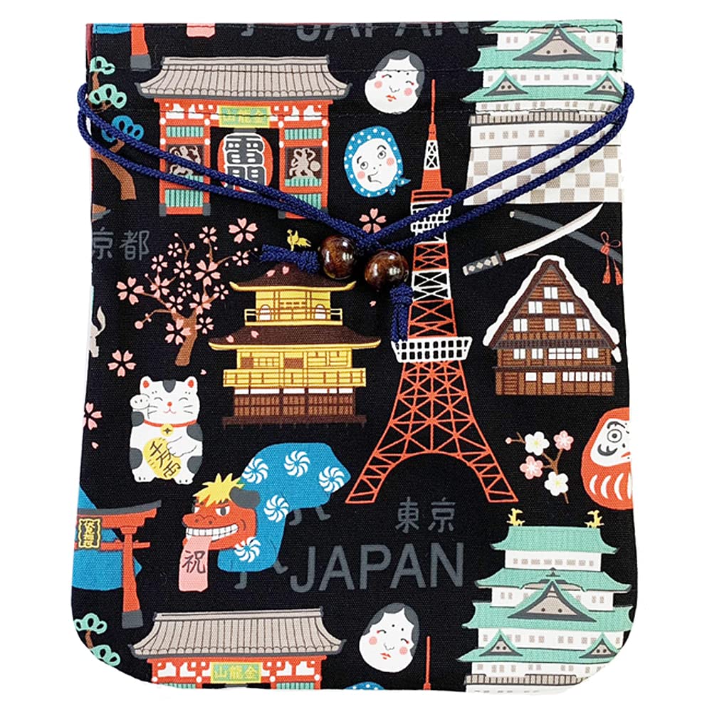 Kyosuke Japan-made drawstring bag Mount Fuji Tokyo Tower Kyoto cute Hello Nippon approximately 24.520cm overseas souvenir black