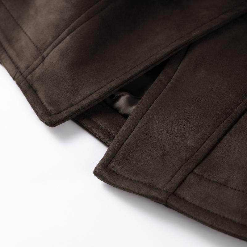 Dámská teplá semišová bunda tmavě hnědé barvy s klopami na šněrování, s dlouhým rukávem, na dojíždění, blejzr v retro britském stylu, temperamentní bunda, podzim 2025