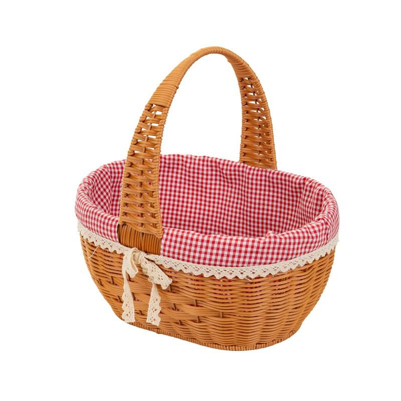 Portable Woven PP Picnic Basket With Red Liner 33x25x17cmStyle Storage Tote Fruits Vegetables Bread Outdoor Use