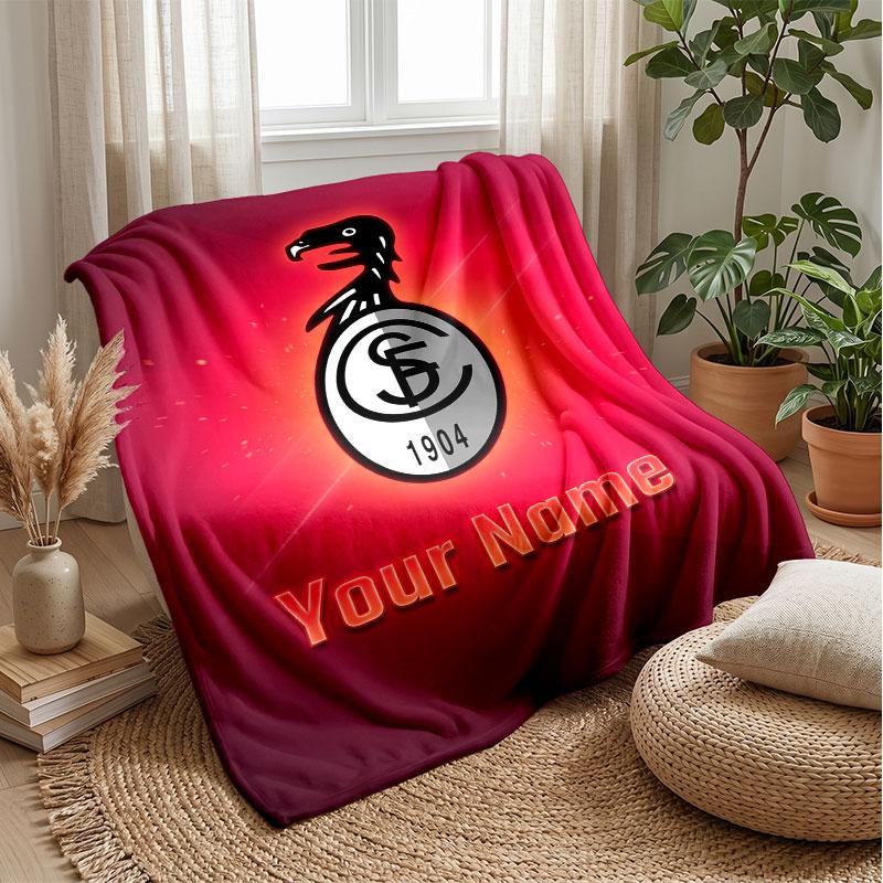 SC Freiburg FC Custom Name Text Flannel Blanket Soccer Logo Personalized Fleece Throw Blanket Special Gift For Sofa Bedroom Home