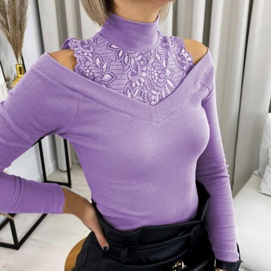 Trendy dámský svetr s krajkovým patchworkovým tričkem s dlouhým rukávem