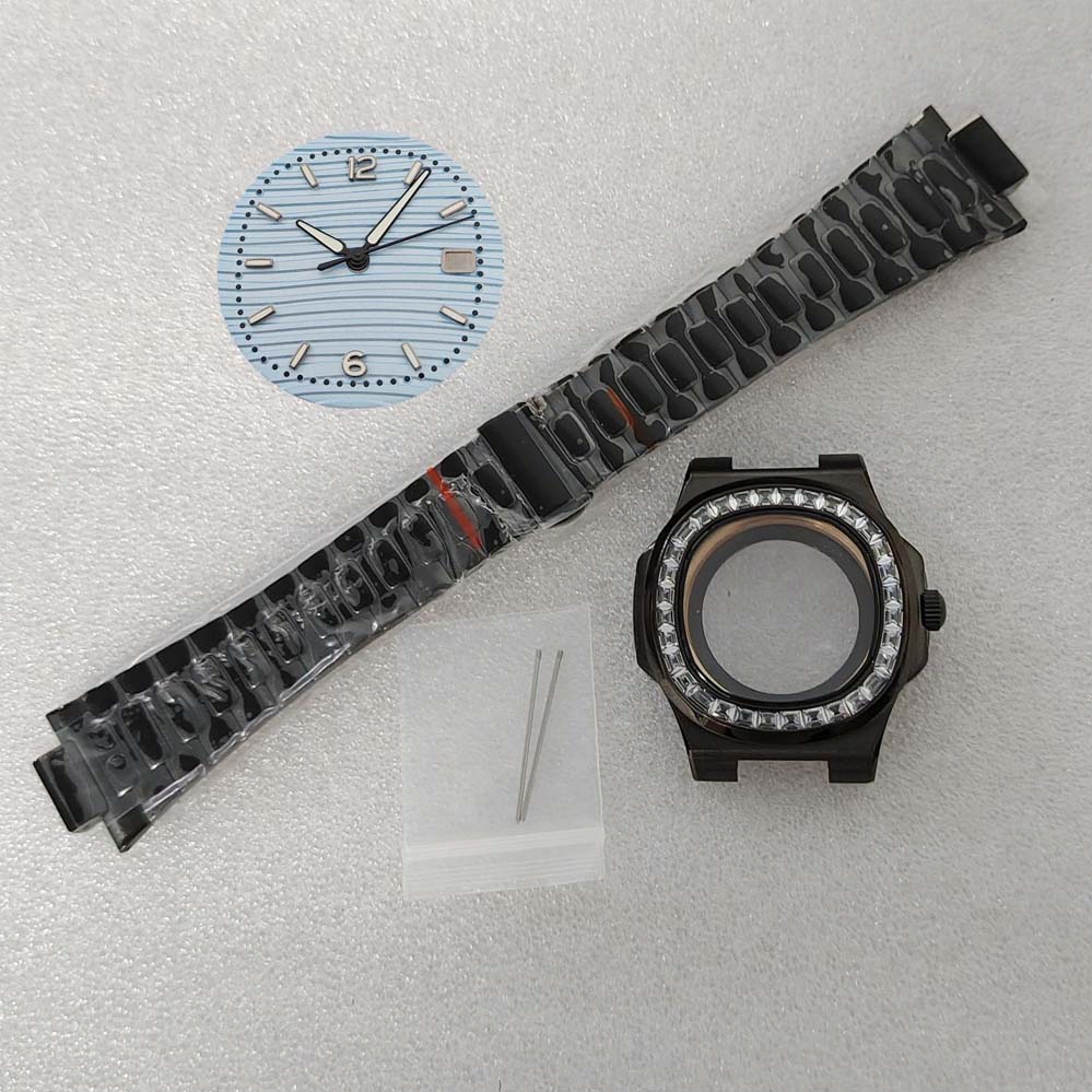 41mm Black PVD Electroplating Diamond inlaid Watch Case Sapphire Glass Watches Accessories for NH35 NH36 4R36 7S Movement
