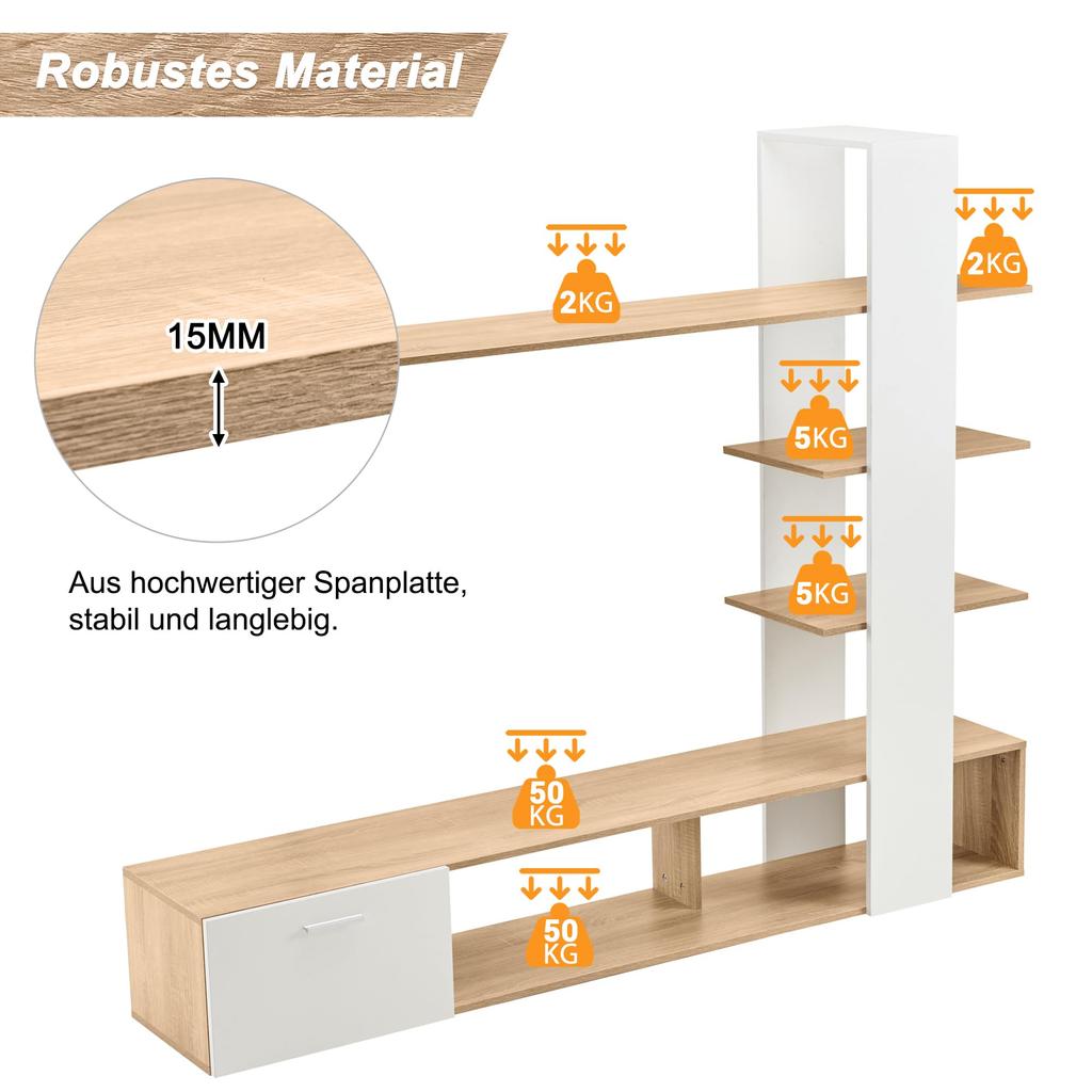 Wohnwand Wohnzimmer, Wohnzimmer Möbel Set, 1x TV Lowboard, Wandregal, Komplett, Elegante Mediawand, Viel Stauraum, 60 Zoll TVs, Weiß & Holzfarbe