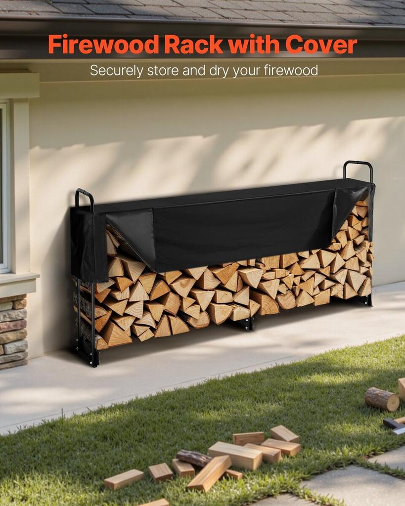 8.5FT Outdoor Firewood Rack with Cover, 102x14.2x46.1 in, Heavy Duty Firewood Holder & 600D Oxford Waterproof Cover for Fireplace, Patio,