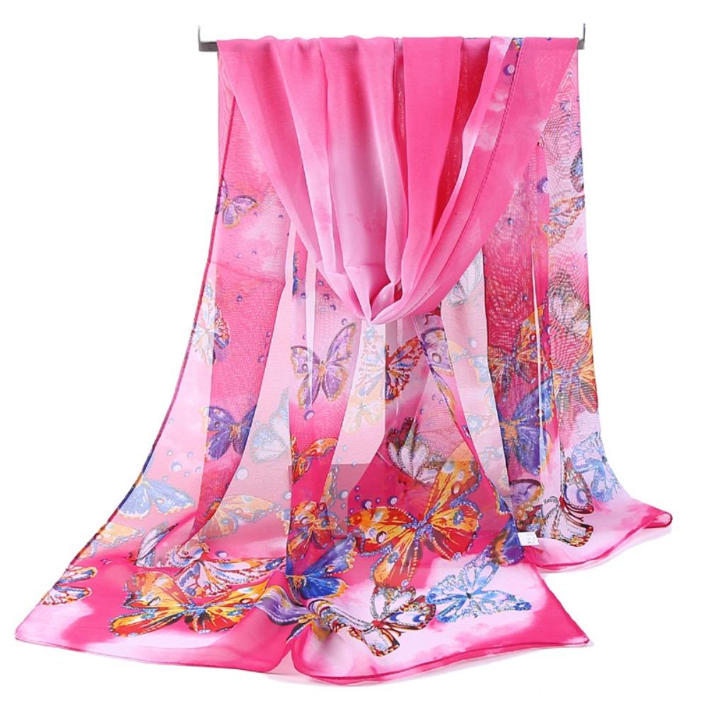 Sunscreen Long Wrap Shawl Butterfly Print Beach Gauze Scarf Elegant Shawl Silk  for Women