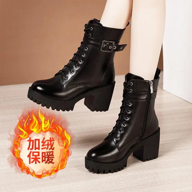 Plus Size 32-43 Platform Shoes Women Ankle Boots Leather 2024 Fall Winter High Heels Boots Ladies Plush Motorcycle Botas