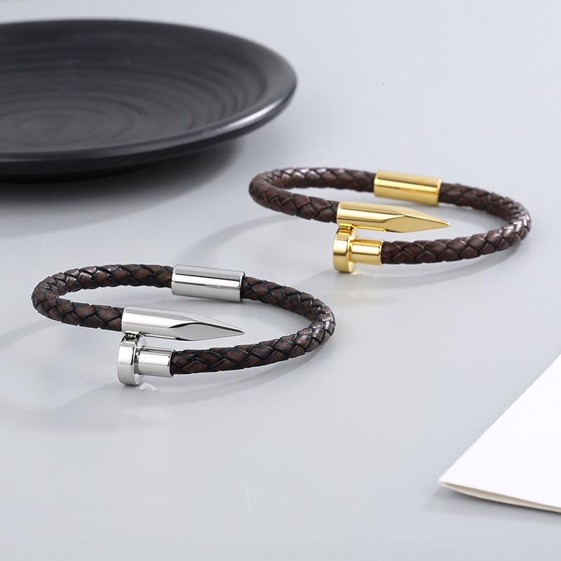 Men's Leather Magnetic Clasp Bracelet with Stainless Steel Nails