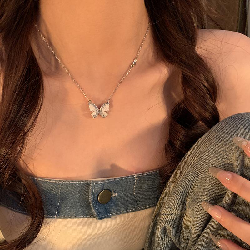Gradual Change Blue Broken Diamond Butterfly Necklace Women's Summer Collarbone Chain New Match