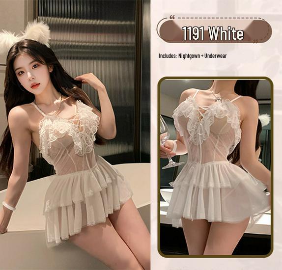 Meinaier Temptation Lace Camisole Nightdress: Sexy, See-Through, Cutout Design with Tie-Up Closure