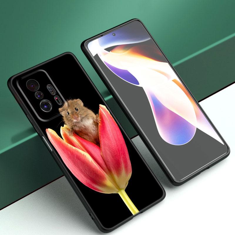 Animal Mouse Hamster Flower Phone Case For Xiaomi Mi A2 8 9 SE Note 10 10T 11 12 Lite 9T 11T 12S 12T Pro A3 6X 12X Black Cover