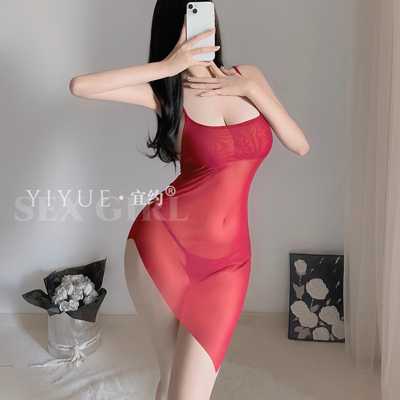 Erotic Underwear, Pure Sensual Halter see-through Seductive nightdress, Hot Slit pajamas, no-take Uniform 8679