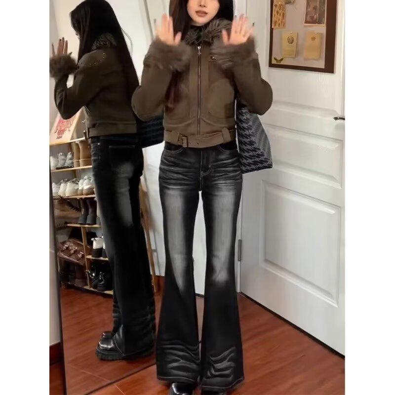 

Женские джинсы с высокой посадкой и широкими штанинами - Прямой крой для весны/зимы 2024 4XL черный серый