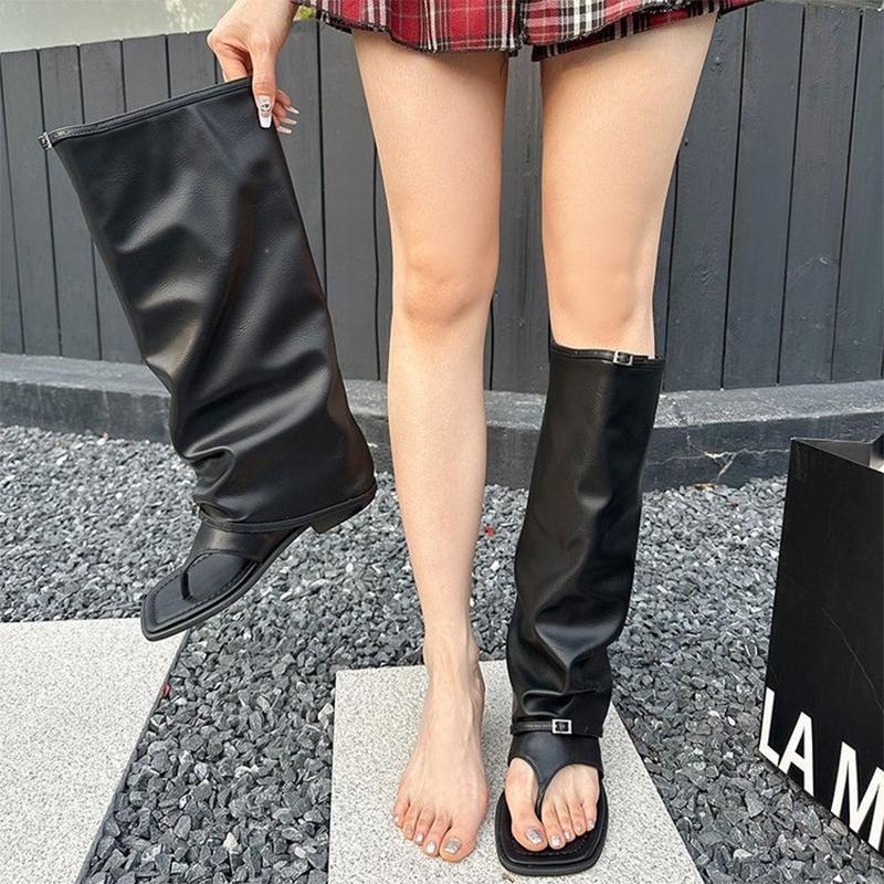 Fashion Knee High Women Cool Boots Sandals Square Toe Flats Shoes 2025 Summer Designer Clip Toe Slippers Sexy Party Zapatillas De Mujer