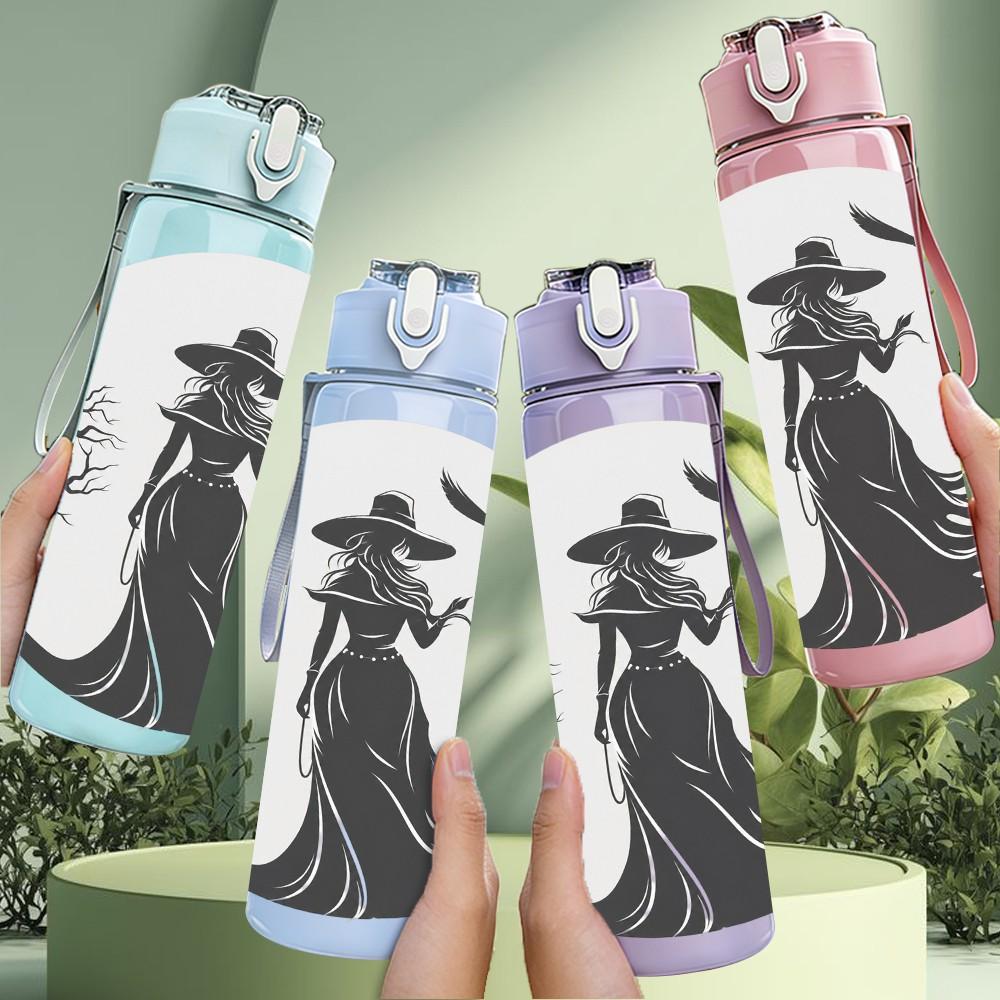 1PC Silhouette Witch Under Moon Night Print 750ml Color Plastic Sports Water Bottle Leakproof Flip Straw Lid Suitable for Sports Office Home Use
