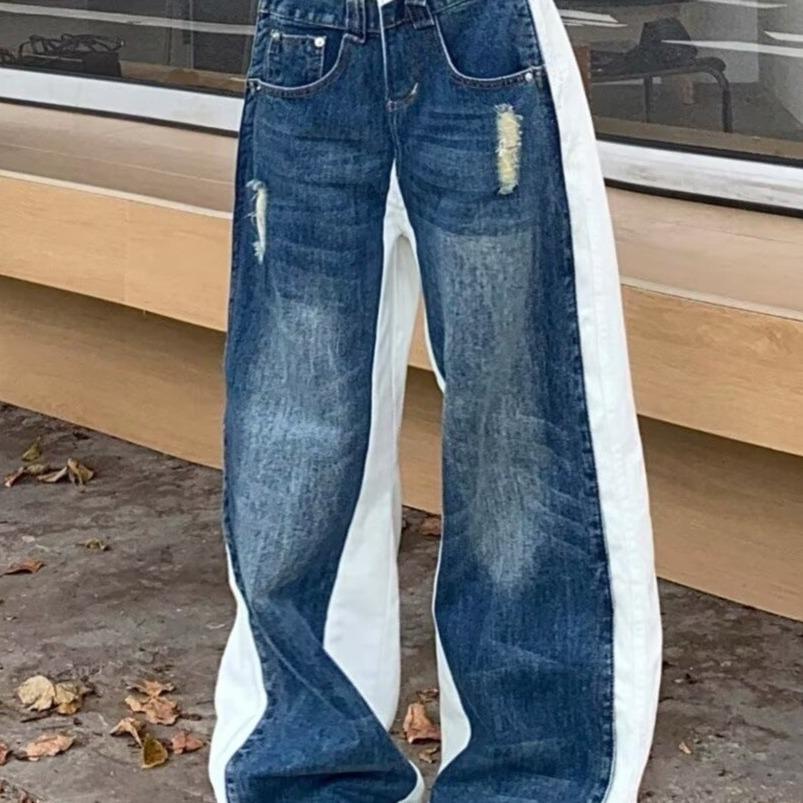 Unisex Floor-Length Color Block Patchwork Wide-Leg Jeans