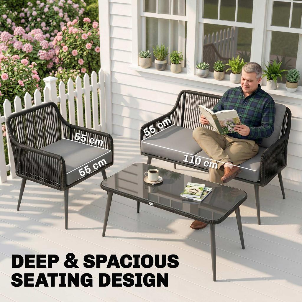 Rattan Garden Furniture Set, 4 Piece Outdoor Patio Furniture with Tempered Glass Table and Chairs, Indoor Balcony Conservatory Set