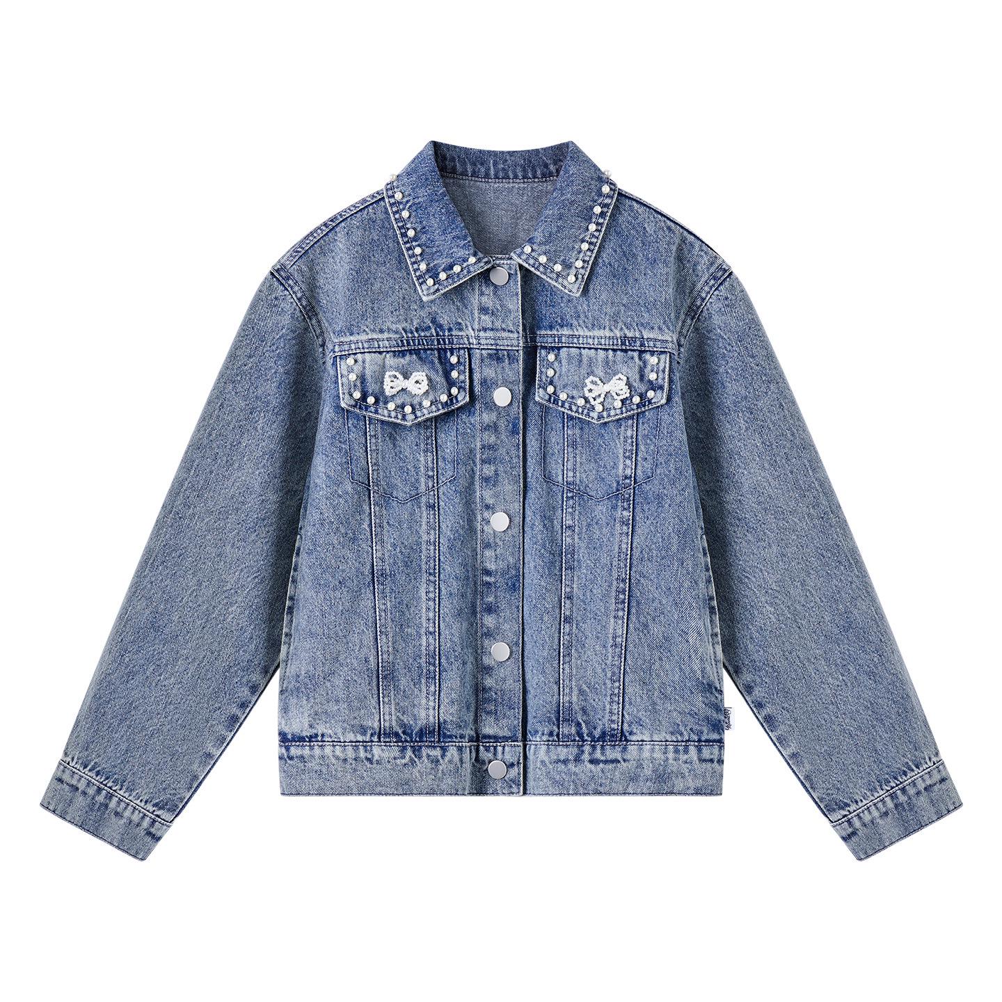 

Retro Pearl-Embellished Denim Jacket - Autumn 2025 Versatile Girls Top 130 cm