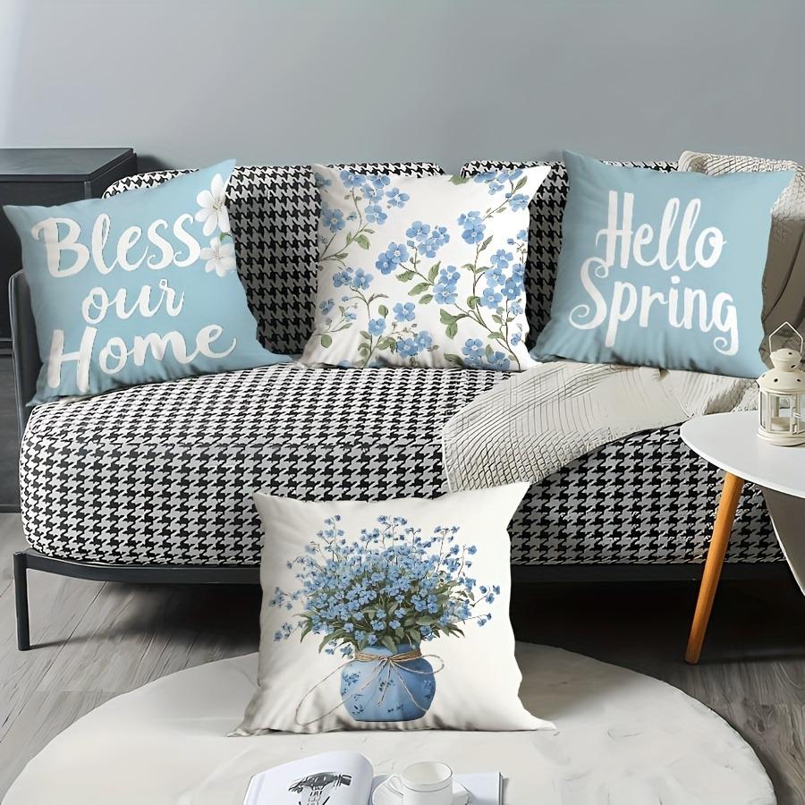 Light Blue Spring Blessing Pillowcasebedroom Living Room Sofa Home Decor Polyester Cushion Cover With Zipper