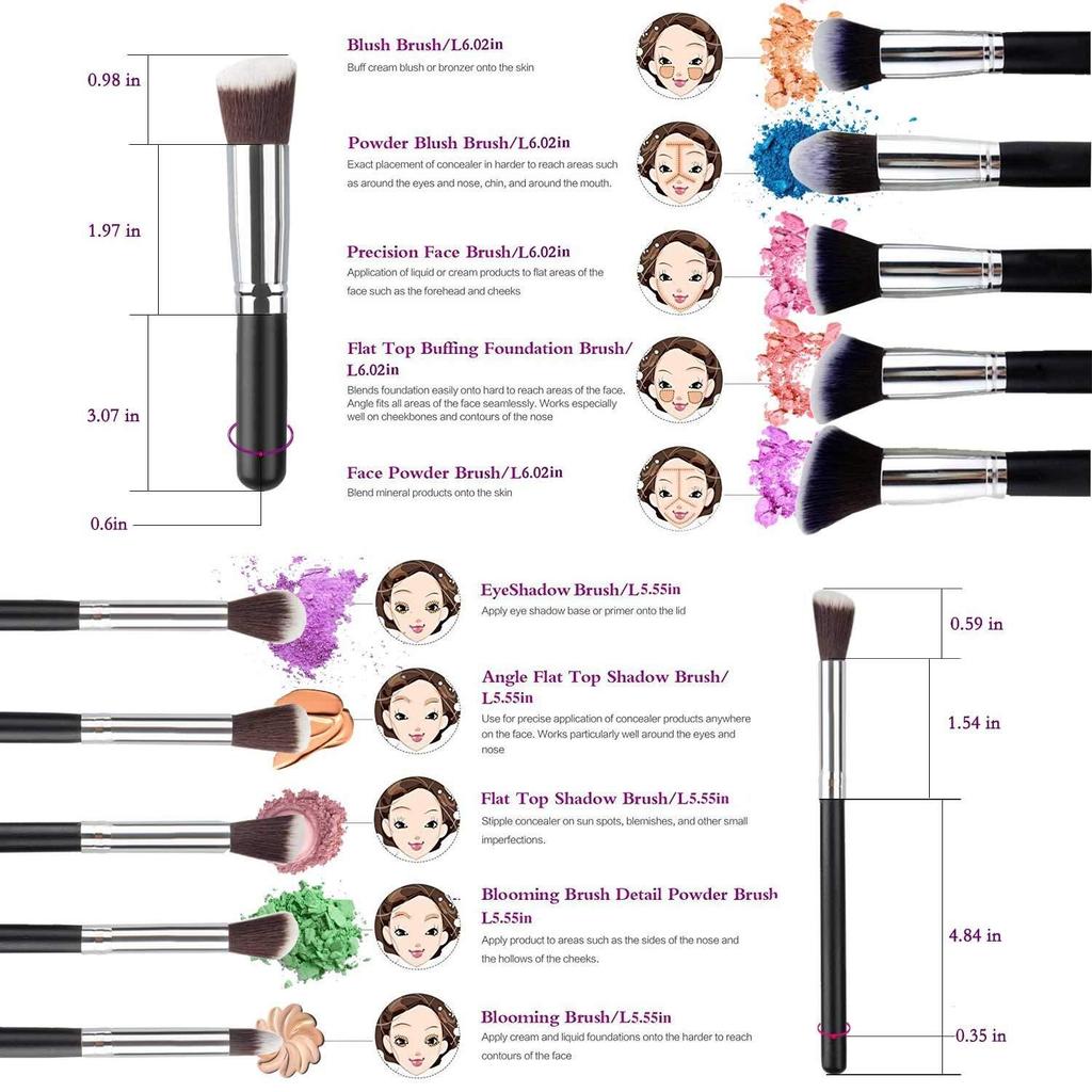 Premium Synthetic Kabuki Foundation Face Powder Blush Eyeshadow Brush Makeup Brush Kit with Blender Sponge and Brush Cleaner (10 Pcs, Black/Silver)