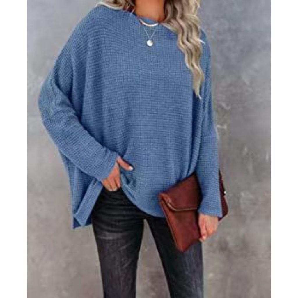 Women's Casual Off-shoulder Batwing Long Sleeve Waffle Knit Pullover Waist Cinching Sweater Top