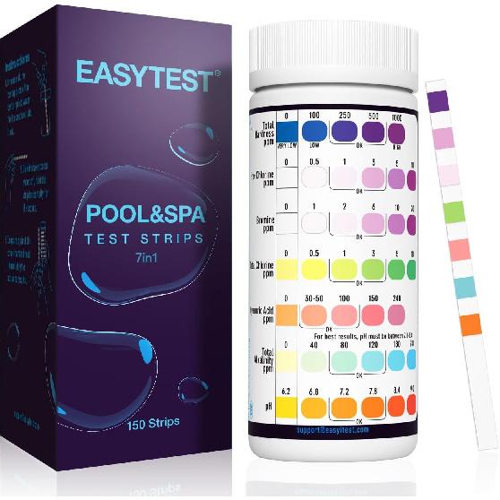 EASYTEST 7-Way Pool Test Strips, 150 Strips Water Chemical Testing for Hot tub and Spa, Accurate Test Bromine, Total Alkalinity, pH, Free Chlorine,