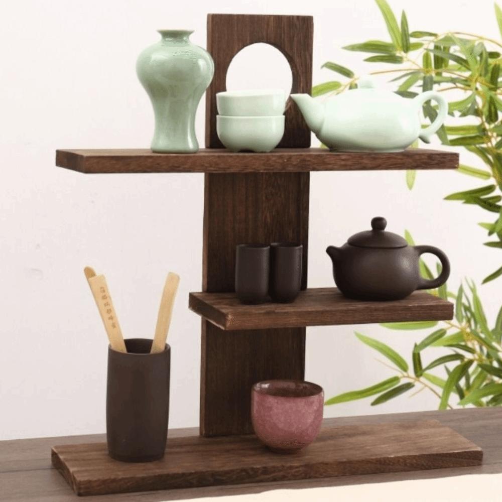 3-4 Layers Tea Cup Display Shelf Retro Design Wooden Tea Set Rack Bedroom Organization