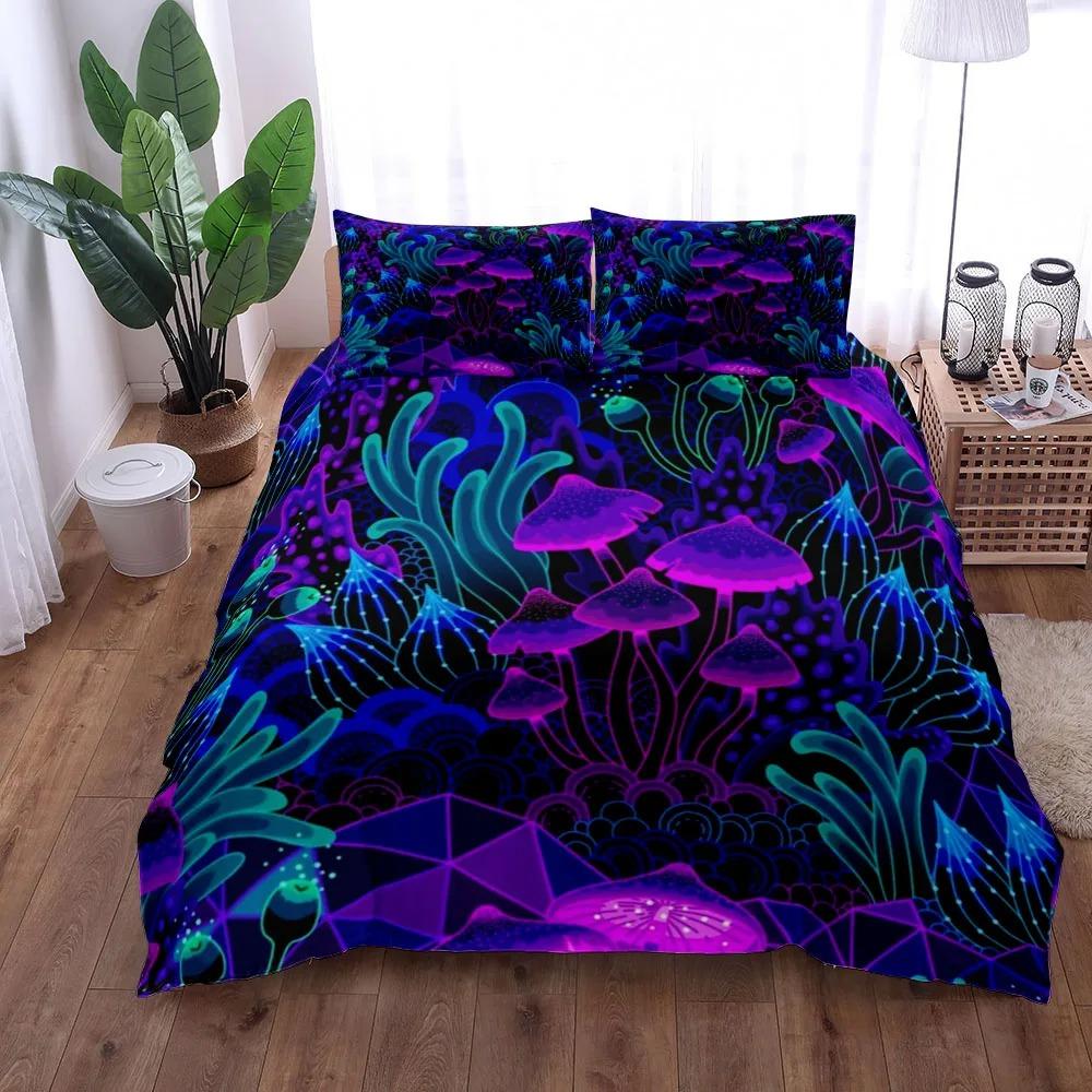 Duvet pillowcase, mushroom bedding set, forest plant print home Bedroom decor for kids boy gift comforter sets