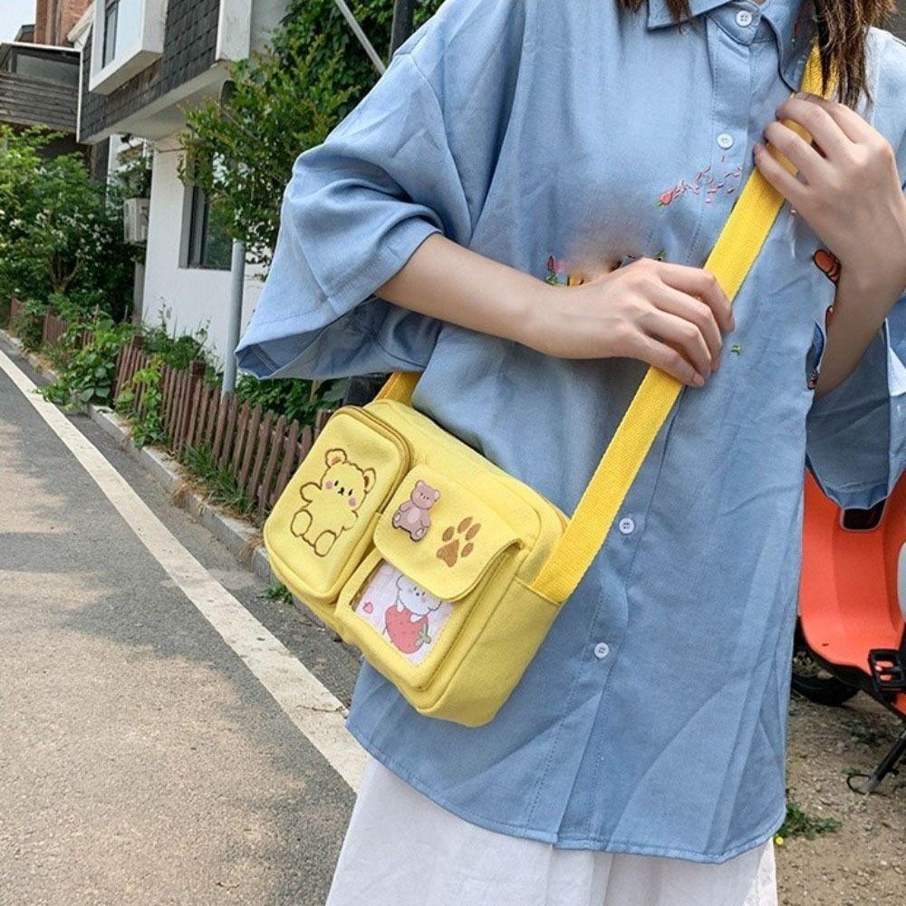 Embroidery Bear Transparent Itabag Solid Color Shoulder Bag Cute Canvas Shoulder Bag Student