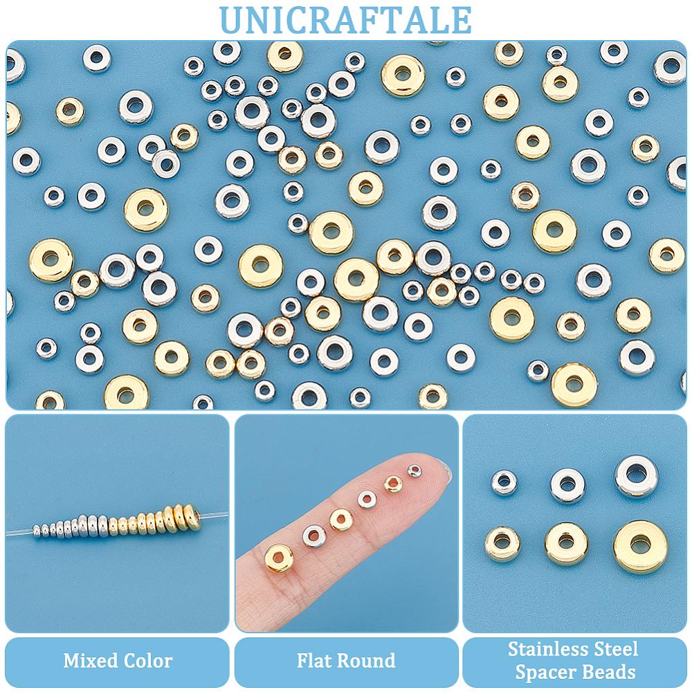 300Pcs 6 Styles 202 Stainless Steel Spacer Beads, Flat Round, Mixed Color, 3~6x1.5~2mm, Hole: 1.2~2mm