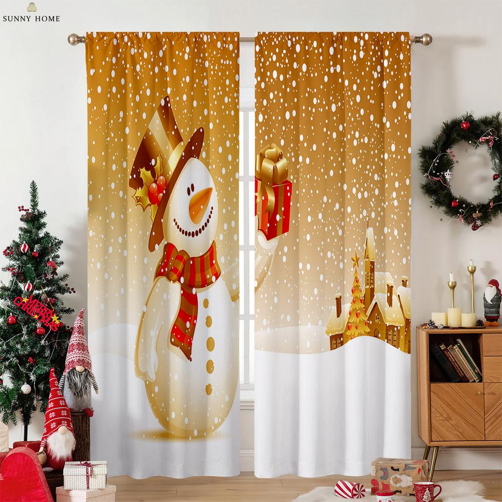 Cartoon Snowman Christmas Decorative Curtains Suitable for Bedroom Restaurant New Year Party Decorative Curtains 2 Pieces