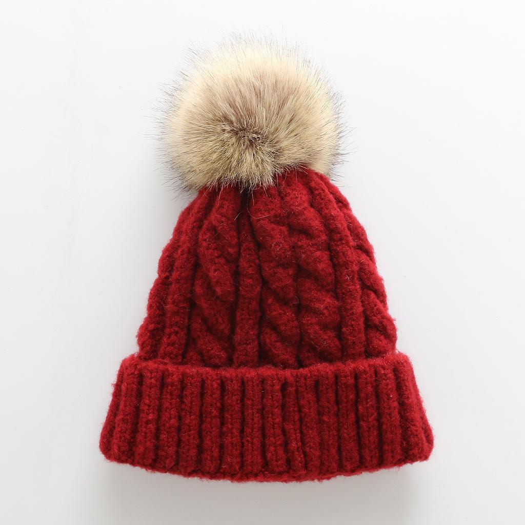 Thick Hemp Pattern Single-layer Hat Korean Style Autumn and Winter Women's Knitted Wool Cashmere Blend Solid Color Large Fur Ball Pullover Hat