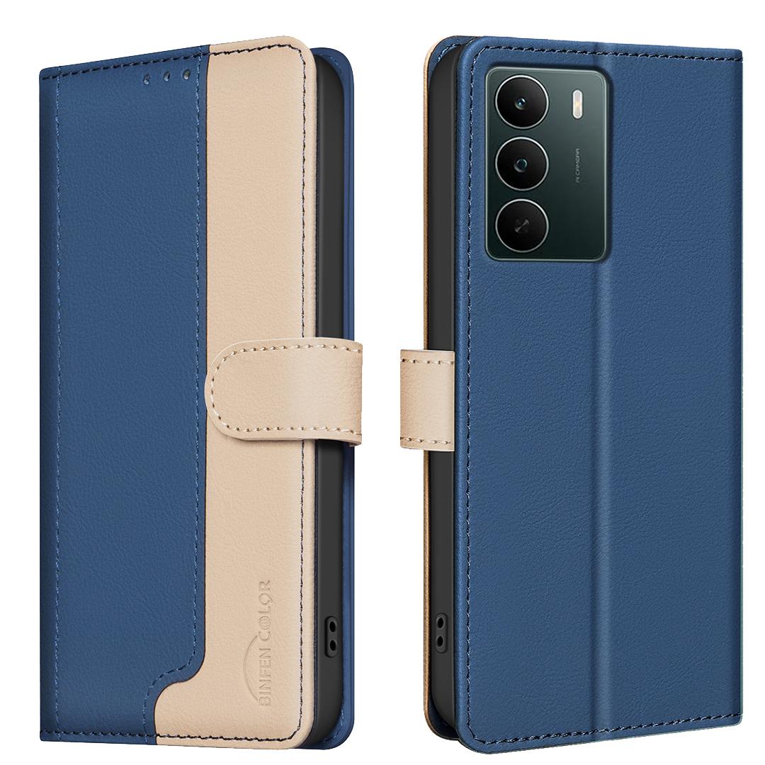 

Для Realme C71 4G Кожаный чехол BINFEN COLOR Комбинированный цвет Блокировка RFID Кошелек-подставка Чехол для телефона Blue