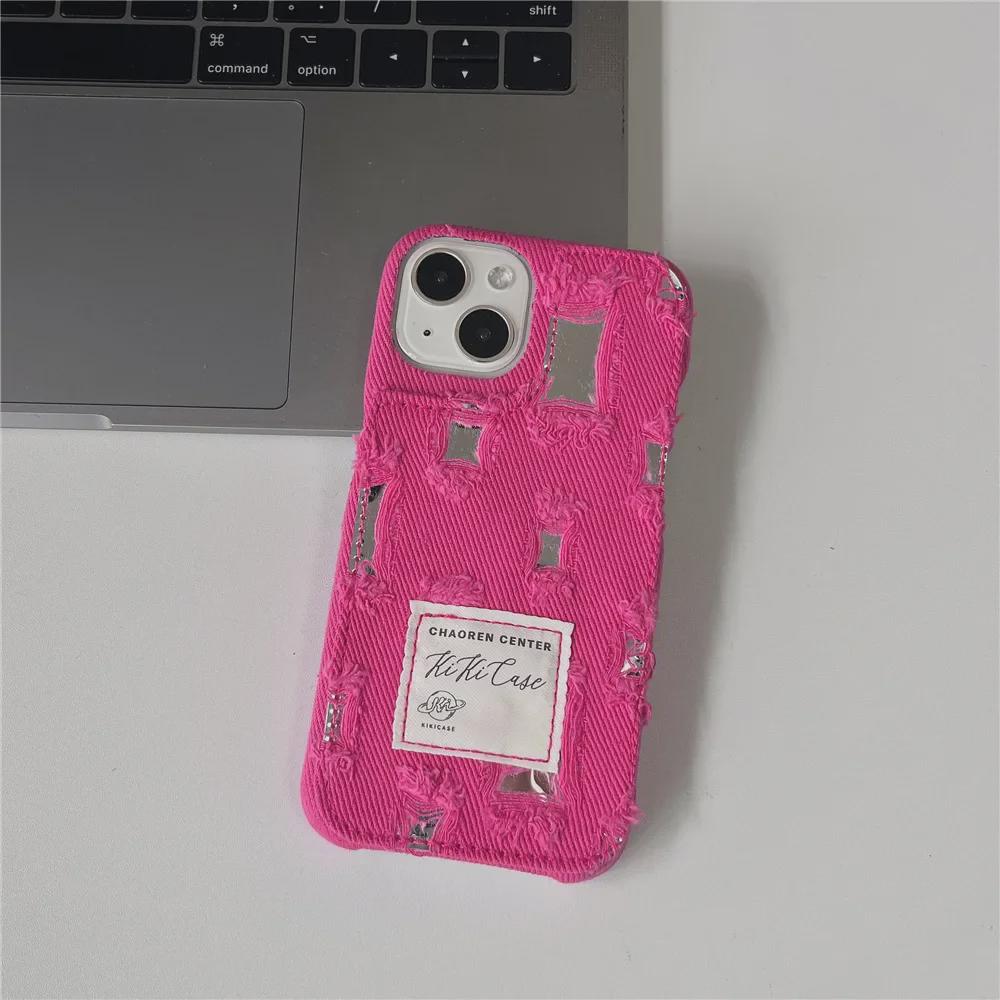 Džínový kryt na iPhone s otvorem pro zrcátko pro 15/14/13 Pro, 12/11 - Kreslená tvrdá ochrana