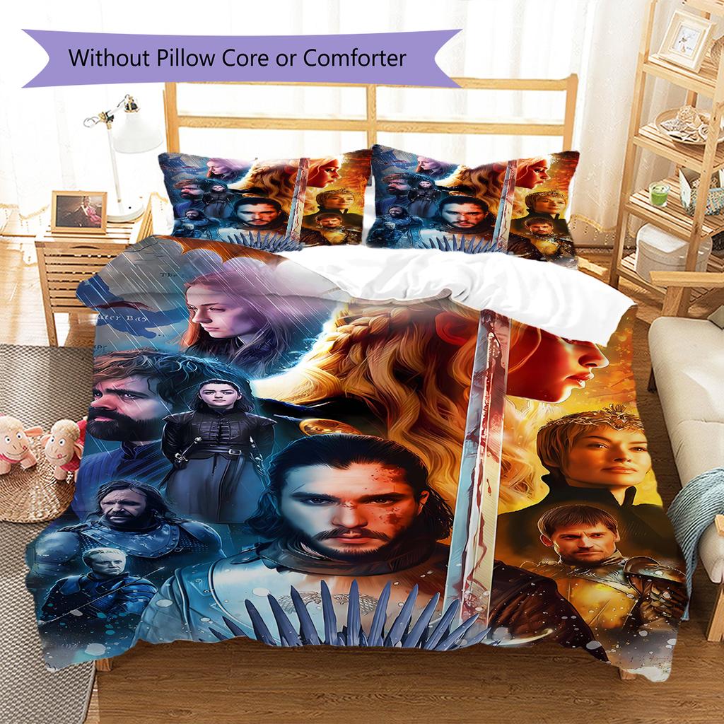 Thrones Game Pattern Bedding Quilt Set Quilt Cover Pillowcase Home Decoration Gift (1 * Duvet Cover + 2 * Pillowcase, Without Core)