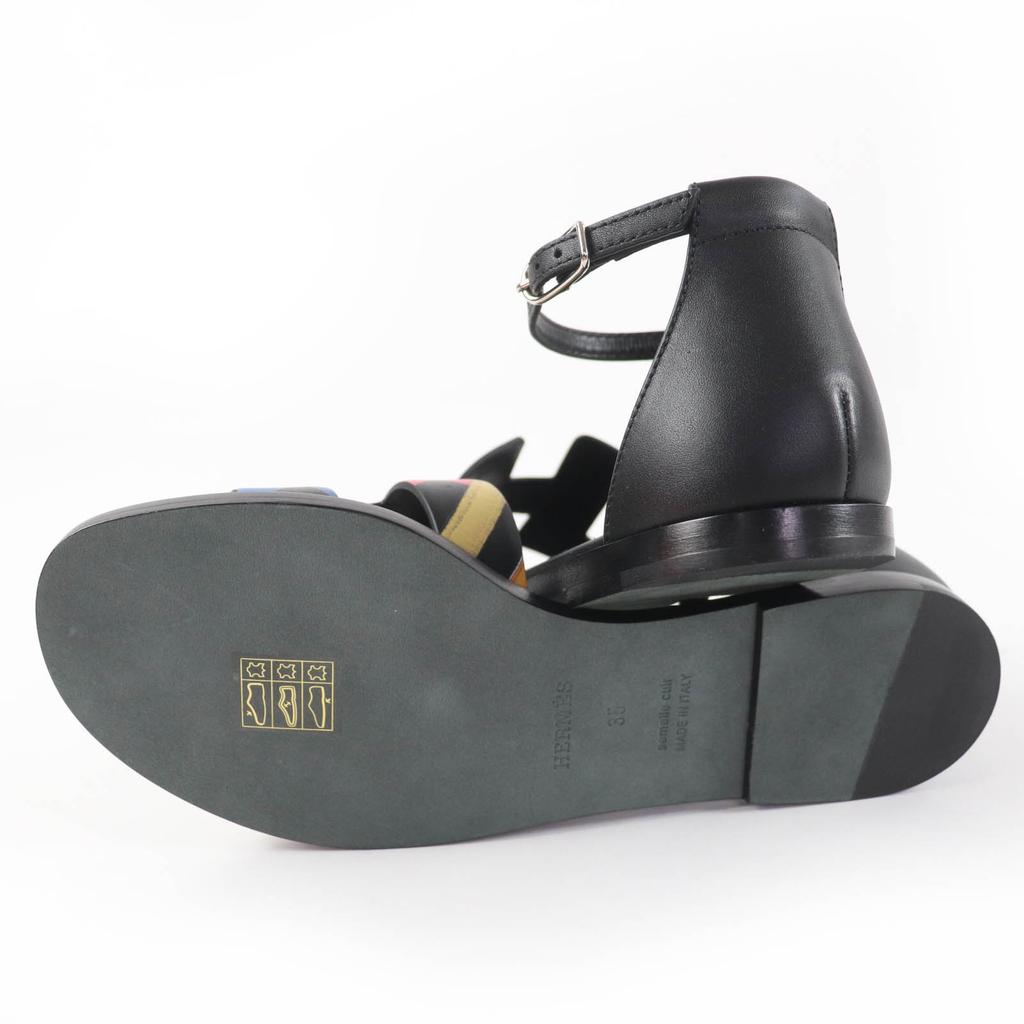 Pristine HERMES Sandals Santorini Ankle Strap Leather Black Leather Women 35 Used