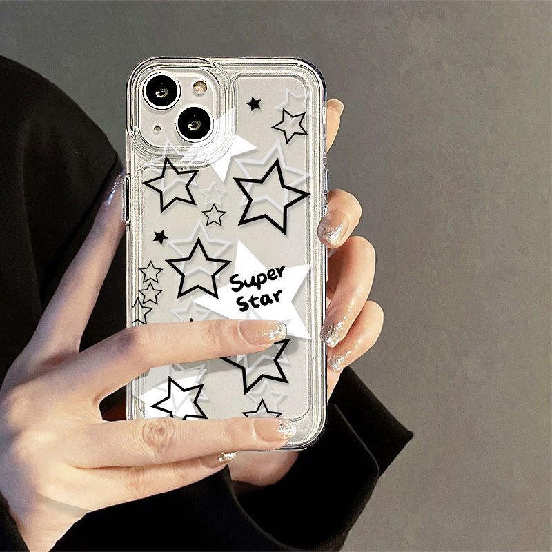 Black and White Hollow Stars for iPhone17promax Space Phone Case 16 Apple 13 All-inclusive 15 Transparent Xs