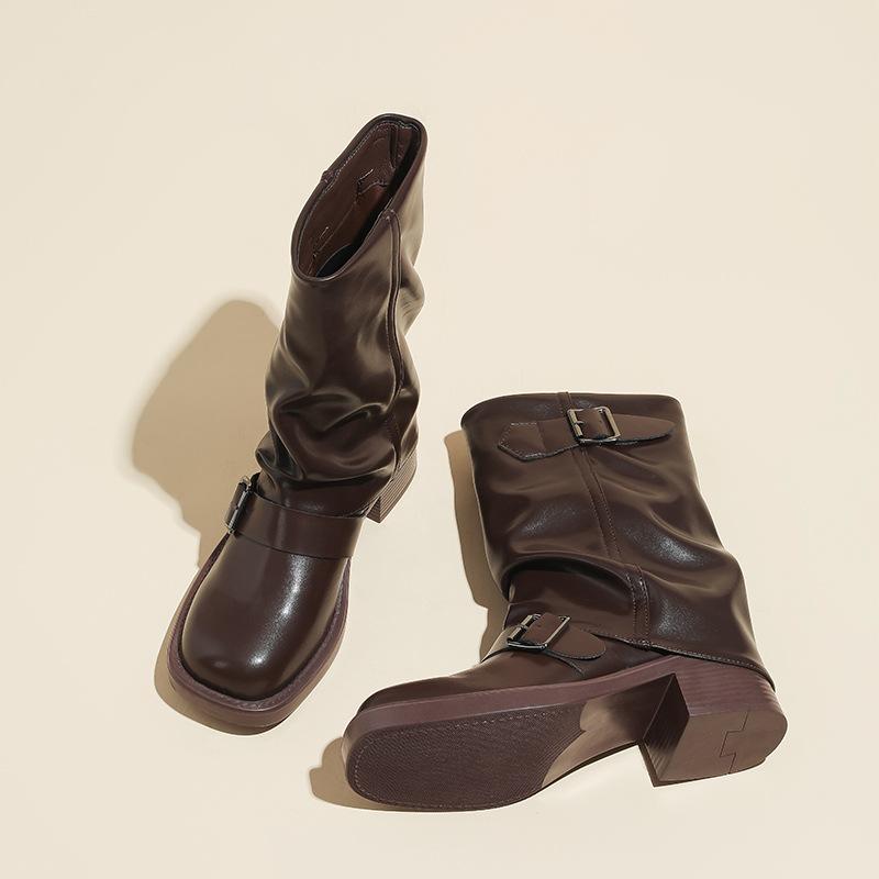 

Точечная версия~ Ретро стиль круглый носок рукав брючины сапоги-трубы женские пряжка на ремне плиссированные сапоги-чулки на толстой подошве средней высоты сапоги Мартин 40 коричневый