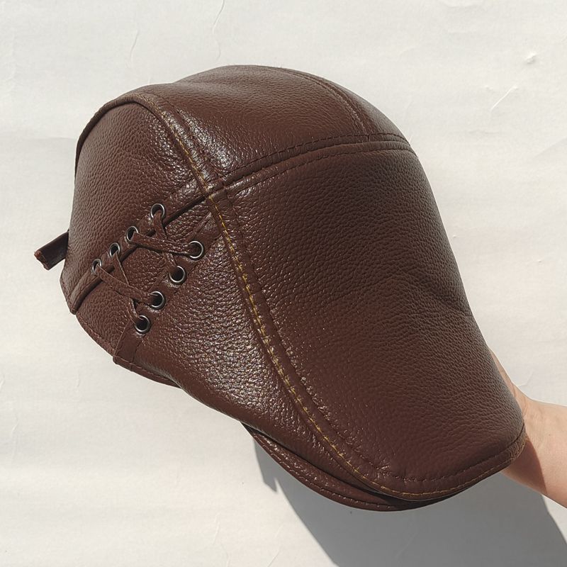 Korean Genuine Leather Cap - Autumn Winter Warm Cowhide Baseball Hat with Ear Flaps, Middle Aged Men Outdoor