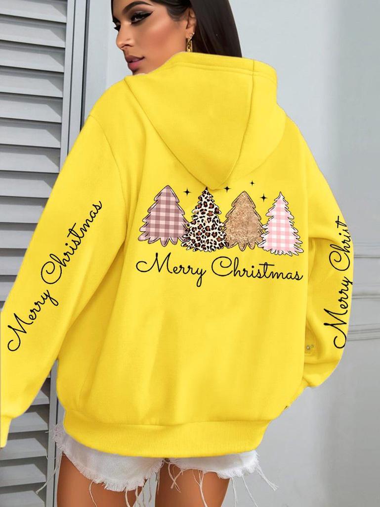 Merry Christmas Leopard Print Women's Hoodie Sweatshirt with Tree Pattern