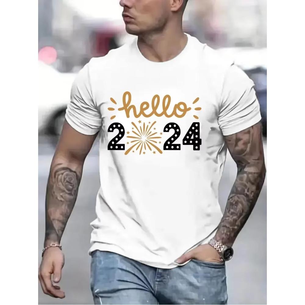 Hello 2024 Print Men Women T-shirt Happy New Year Eve Party Unisex Tops Casual Short Sleeve Black T Shirt New Year Holiday Tees