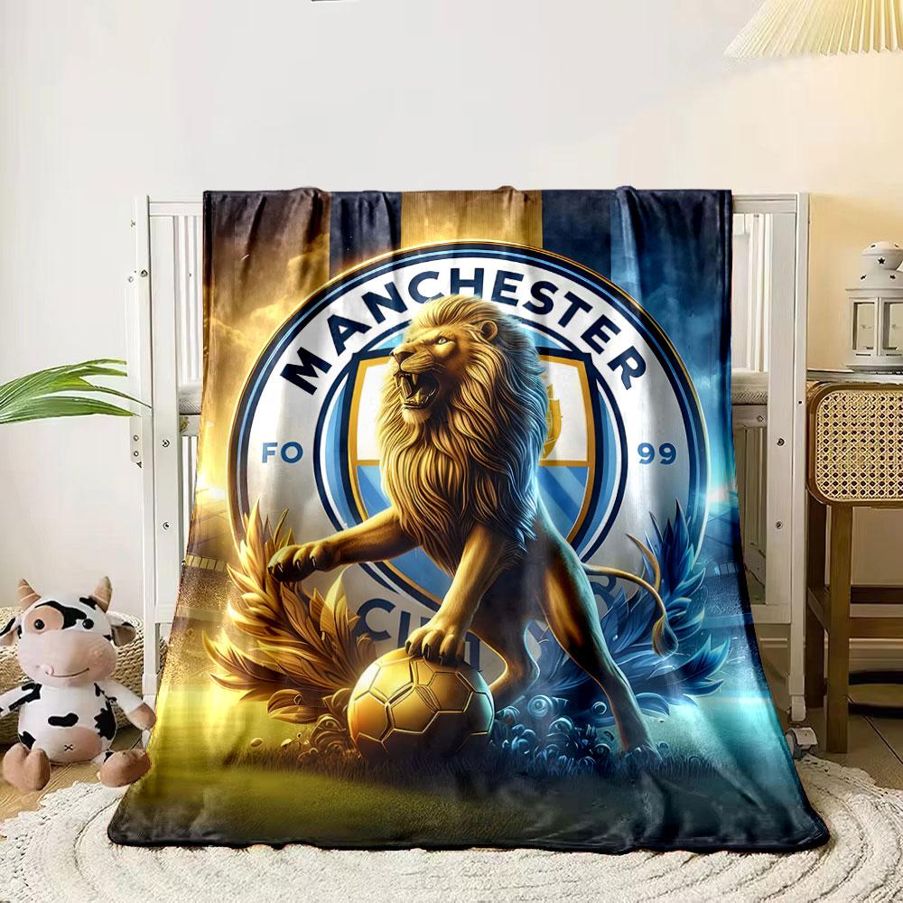 

A lion standing on a golden soccer ball with a circular emblem backdrop. for all seasons blanket lunch break throw gift 80cm x 120cm